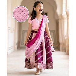 Pine Kids Woven Half Sleeves Choli Lehenga Set with Dupatta & Foil Print - Pink