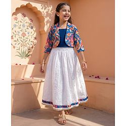 Pine Kids Woven Choli Lehenga Set with Full Sleeves Jacket & Floral Print - White & Blue