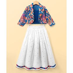 Pine Kids Woven Choli Lehenga Set with Full Sleeves Jacket & Floral Print - White & Blue