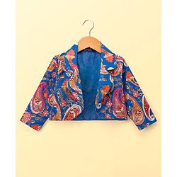 Pine Kids Woven Choli Lehenga Set with Full Sleeves Jacket & Floral Print - White & Blue