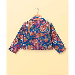 Pine Kids Woven Choli Lehenga Set with Full Sleeves Jacket & Floral Print - White & Blue