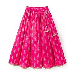 Pine Kids Cotton Woven Choli Lehenga & Dupatta Set With Floral Foil Print - Pink