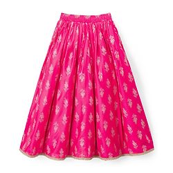 Pine Kids Cotton Woven Choli Lehenga & Dupatta Set With Floral Foil Print - Pink