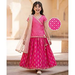 Pine Kids Cotton Woven Choli Lehenga & Dupatta Set With Floral Foil Print - Pink