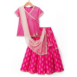 Pine Kids Cotton Woven Choli Lehenga & Dupatta Set With Floral Foil Print - Pink