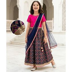 Pine Kids Woven Half Sleeves Embroidered Choli with  Floral Printed Lehenga & Dupatta Set - Blue & Pink
