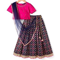 Pine Kids Woven Half Sleeves Embroidered Choli with  Floral Printed Lehenga & Dupatta Set - Blue & Pink