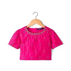 Pine Kids Woven Half Sleeves Embroidered Choli with  Floral Printed Lehenga & Dupatta Set - Blue & Pink