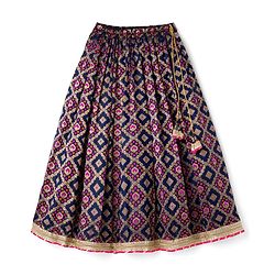 Pine Kids Woven Half Sleeves Embroidered Choli with  Floral Printed Lehenga & Dupatta Set - Blue & Pink