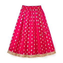 Pine Kids Woven Half Sleeves Floral Embroidered Choli with Foil Printed Lehenga & Dupatta Set - Pink & Limegreen