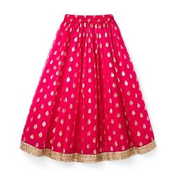 Pine Kids Woven Half Sleeves Floral Embroidered Choli with Foil Printed Lehenga & Dupatta Set - Pink & Limegreen