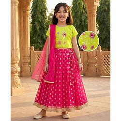 Pine Kids Woven Half Sleeves Floral Embroidered Choli with Foil Printed Lehenga & Dupatta Set - Pink & Limegreen