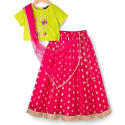 Pine Kids Woven Half Sleeves Floral Embroidered Choli with Foil Printed Lehenga & Dupatta Set - Pink & Limegreen