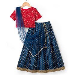 Pine Kids Woven Half Sleeves Lehenga Choli & Dupatta Set with Sequin Detailing - Red & Blue