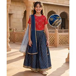Pine Kids Woven Half Sleeves Lehenga Choli & Dupatta Set with Sequin Detailing - Red & Blue