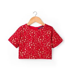 Pine Kids Woven Half Sleeves Lehenga Choli & Dupatta Set with Sequin Detailing - Red & Blue