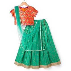 Pine Kids Woven Half Sleeves Lehenga Choli & Dupatta Set with Floral Print - Orange & Light Green