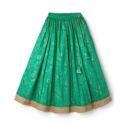 Pine Kids Woven Half Sleeves Lehenga Choli & Dupatta Set with Floral Print - Orange & Light Green