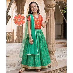 Pine Kids Woven Half Sleeves Lehenga Choli & Dupatta Set with Floral Print - Orange & Light Green
