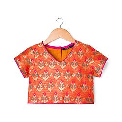 Pine Kids Woven Half Sleeves Lehenga Choli & Dupatta Set with Floral Print - Orange & Light Green