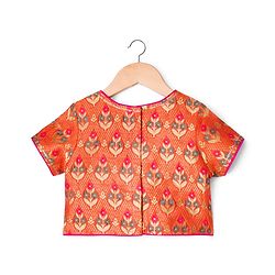 Pine Kids Woven Half Sleeves Lehenga Choli & Dupatta Set with Floral Print - Orange & Light Green
