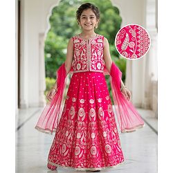 Pine Kids Woven Sleeveless Choli Lehenga Set with Dupatta & Floral Embroidery - Dark Pink