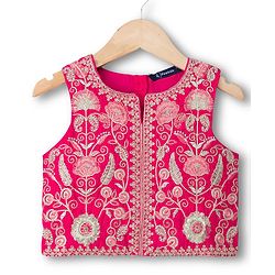 Pine Kids Woven Sleeveless Choli Lehenga Set with Dupatta & Floral Embroidery - Dark Pink