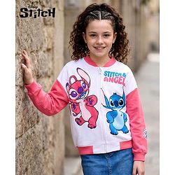 Pine Kids Disney Terry Knit Full Sleeves Sweatjacket With Stitch & Angel Graphics - Pink & White