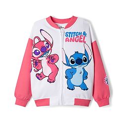 Pine Kids Disney Terry Knit Full Sleeves Sweatjacket With Stitch & Angel Graphics - Pink & White