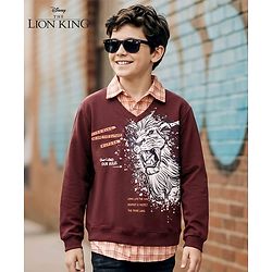 Pine Kids Disney Terry Knit Full Sleeves Overlap Sweatshirt With Lion King Graphics & Collar Detailing - Brown