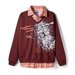 Pine Kids Disney Terry Knit Full Sleeves Overlap Sweatshirt With Lion King Graphics & Collar Detailing - Brown