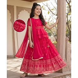 Pine Kids Woven Half Sleeves Choli Lehenga & Dupatta Set With Floral & Mirror Embroidery - Dark Pink
