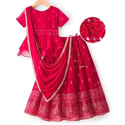 Pine Kids Woven Half Sleeves Choli Lehenga & Dupatta Set With Floral & Mirror Embroidery - Dark Pink