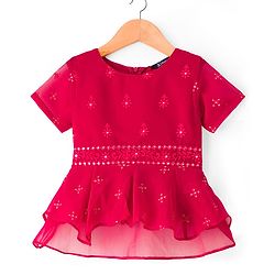 Pine Kids Woven Half Sleeves Choli Lehenga & Dupatta Set With Floral & Mirror Embroidery - Dark Pink