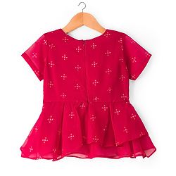Pine Kids Woven Half Sleeves Choli Lehenga & Dupatta Set With Floral & Mirror Embroidery - Dark Pink