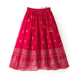 Pine Kids Woven Half Sleeves Choli Lehenga & Dupatta Set With Floral & Mirror Embroidery - Dark Pink