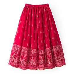 Pine Kids Woven Half Sleeves Choli Lehenga & Dupatta Set With Floral & Mirror Embroidery - Dark Pink