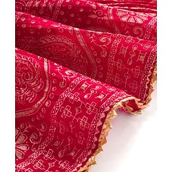 Pine Kids Woven Half Sleeves Choli Lehenga & Dupatta Set With Floral & Mirror Embroidery - Dark Pink
