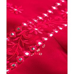 Pine Kids Woven Half Sleeves Choli Lehenga & Dupatta Set With Floral & Mirror Embroidery - Dark Pink