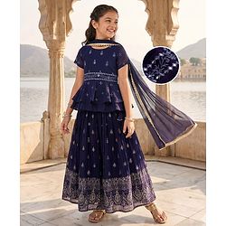Pine Kids Woven Half Sleeves Choli Lehenga & Dupatta Set With Floral & Mirror Embroidery - Dark Pink