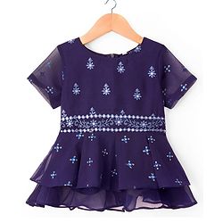 Pine Kids Woven Half Sleeves Choli Lehenga & Dupatta Set With Floral & Mirror Embroidery - Dark Pink