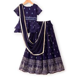 Pine Kids Woven Half Sleeves Choli Lehenga & Dupatta Set With Floral & Mirror Embroidery - Dark Pink