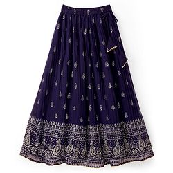 Pine Kids Woven Half Sleeves Choli Lehenga & Dupatta Set With Floral & Mirror Embroidery - Dark Pink