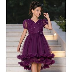 Pine Kids Woven Half Puffed Sleeves Party Dress with Floral Applique & Pearl Detailing - Wine
