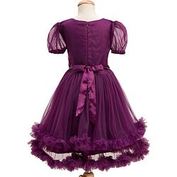 Pine Kids Woven Half Puffed Sleeves Party Dress with Floral Applique & Pearl Detailing - Wine