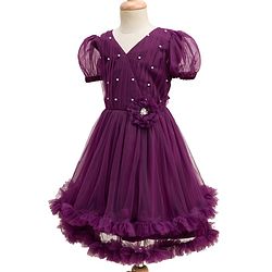 Pine Kids Woven Half Puffed Sleeves Party Dress with Floral Applique & Pearl Detailing - Wine