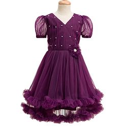 Pine Kids Woven Half Puffed Sleeves Party Dress with Floral Applique & Pearl Detailing - Wine