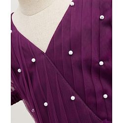 Pine Kids Woven Half Puffed Sleeves Party Dress with Floral Applique & Pearl Detailing - Wine