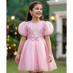 Pine Kids Woven Half Sleeves Party Dress With Sequin & Bow Applique - Pink