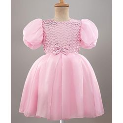 Pine Kids Woven Half Sleeves Party Dress With Sequin & Bow Applique - Pink